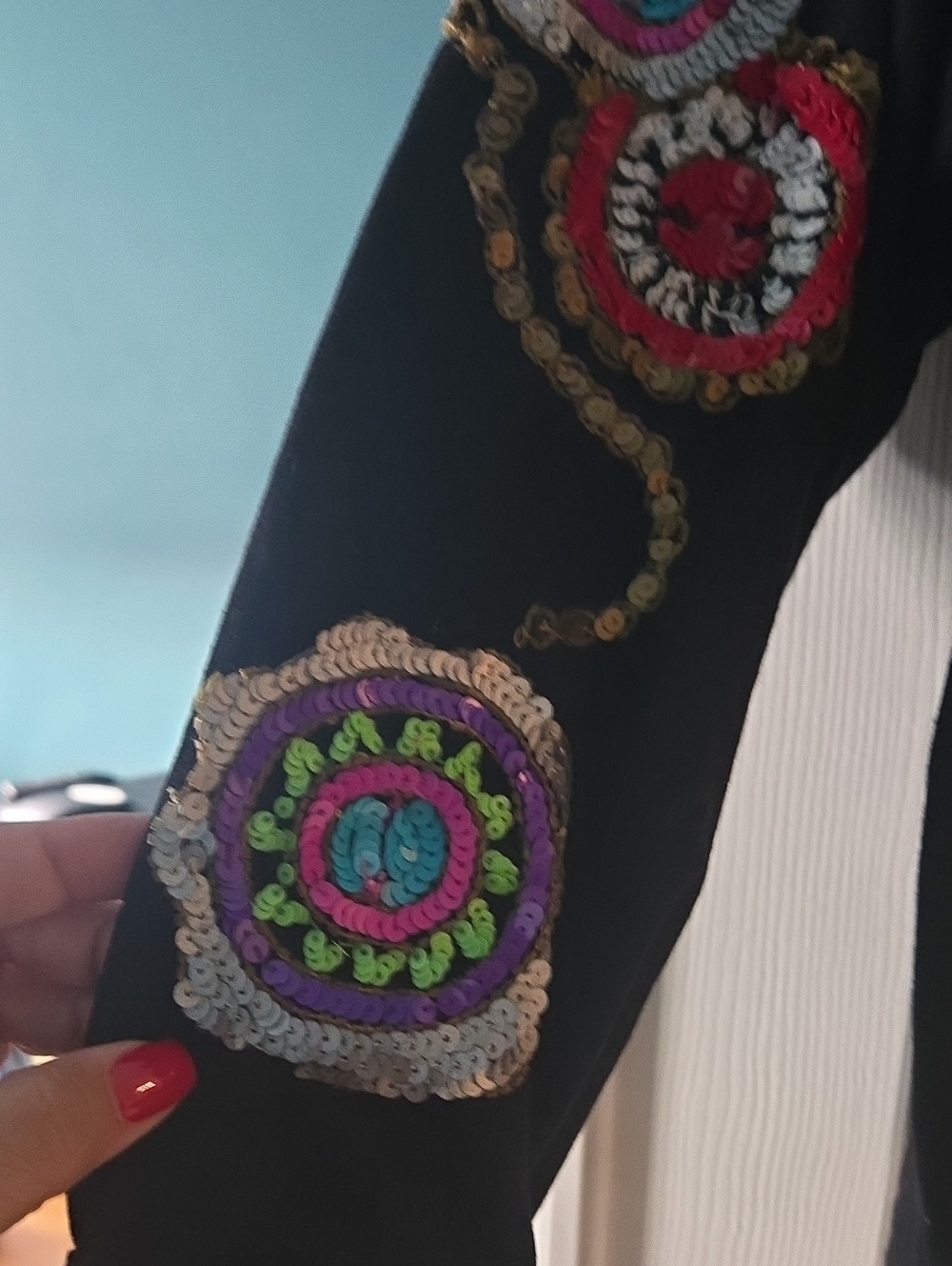 Vintage Custom Black Sequin Bling Jewel Tone Oversized Denim Jacket Sz 10/12/14 - Picture 5 of 9